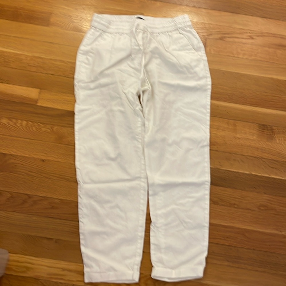 J Crew white linen and cotton drawstring pant.